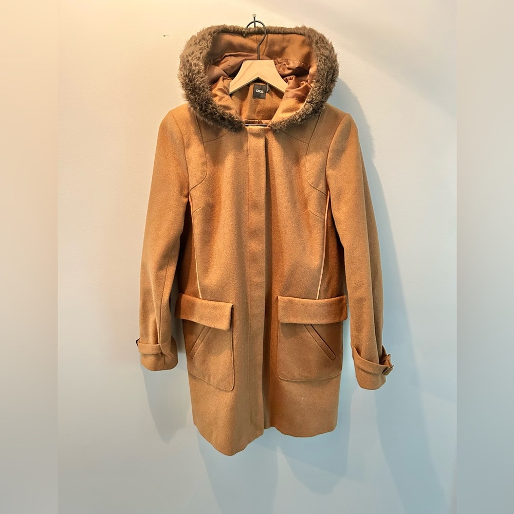 NWOT ASOS Camel Tan Wool Blend Parka Winter Coat with Faux Fur Lined Hood